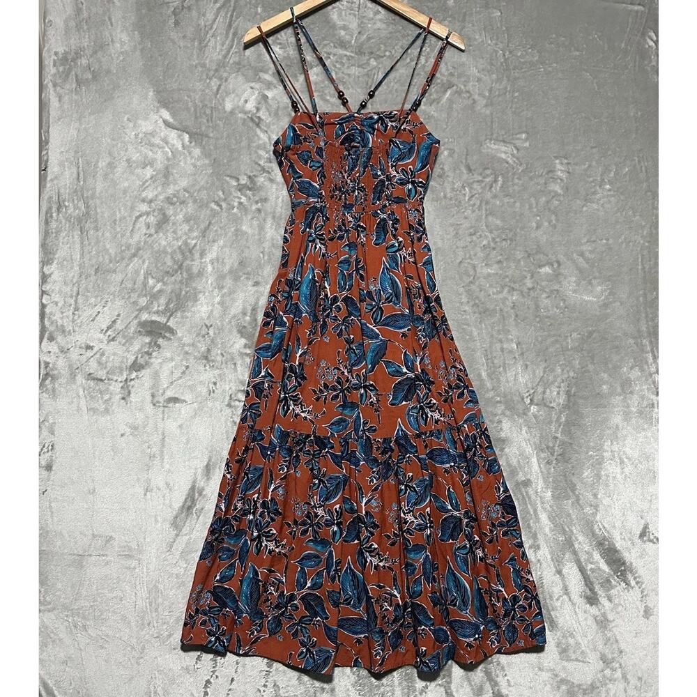 Jason Wu Smocked Floral Terracotta Cutout Midi Dress Beaded Womens XS Tropical - Picture 9 of 11